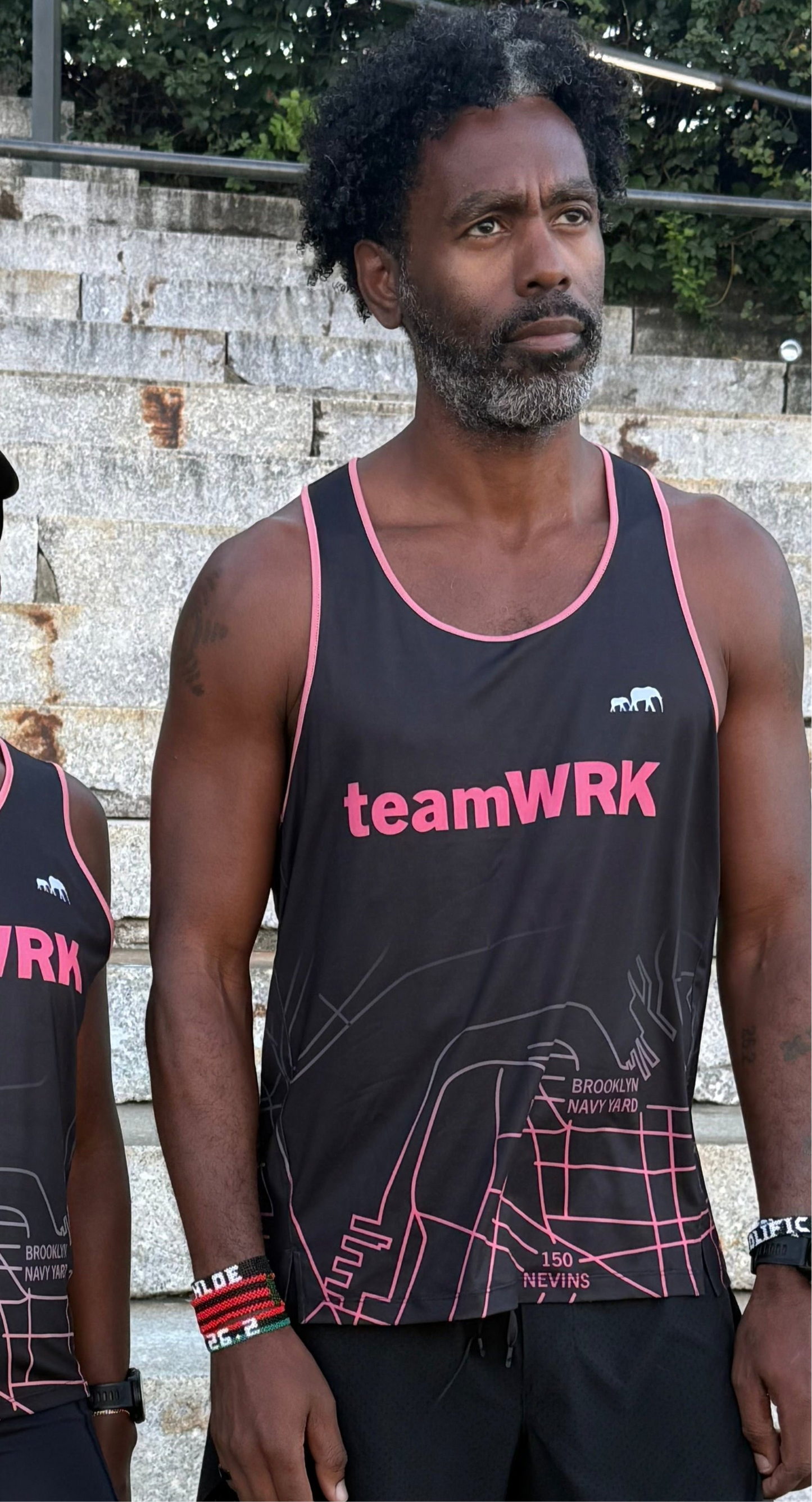Mens | teamWRK x BKc Performance Singlet | Black/Salmon BK Navy Yard Route